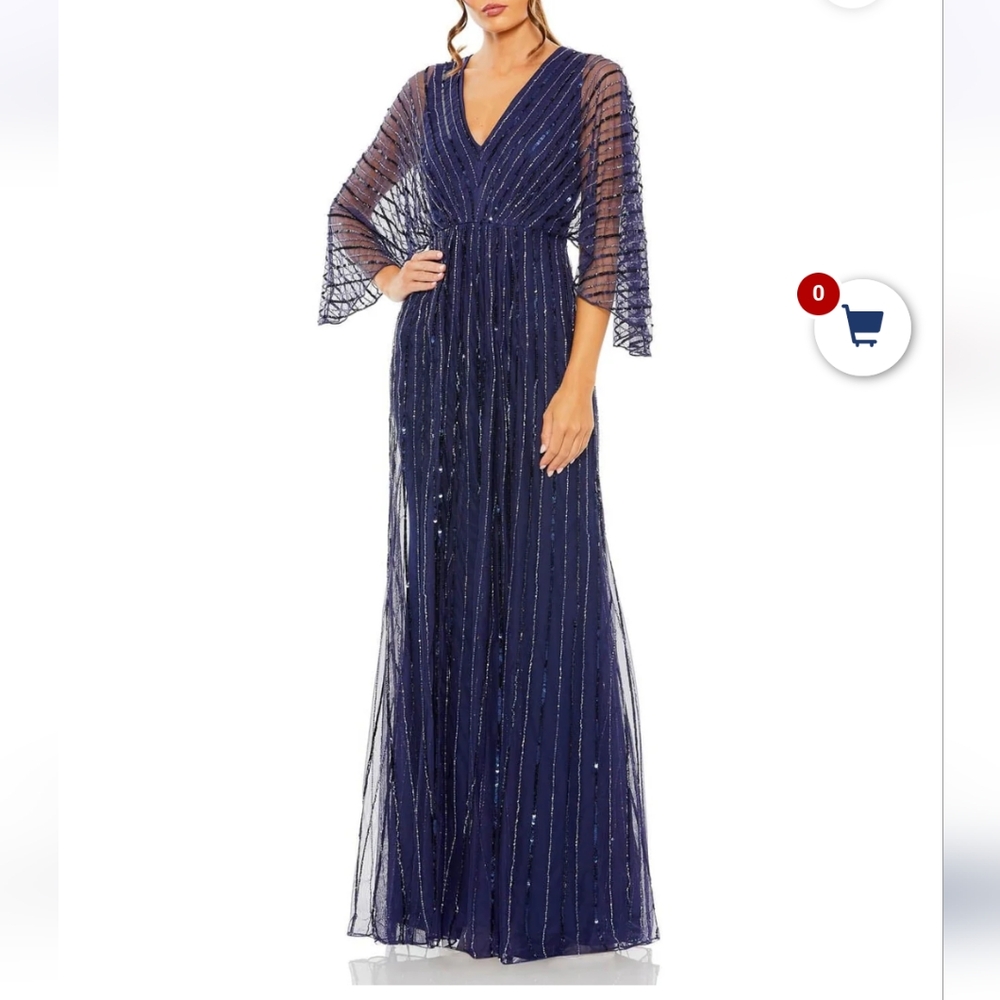 NWT $598 Mac Duggal Beaded Striping Kimono Sleeve V Neck Gown Size 14